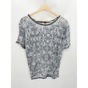 Free People Top Women SMALL Grey White Printed Tourist Washed Short Sleeve Tee